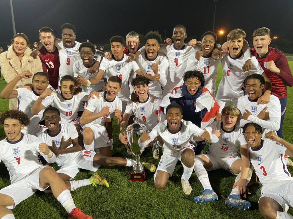 Myles Lewis-Skelly (number 11) with the Val de Marne Tournament trophy