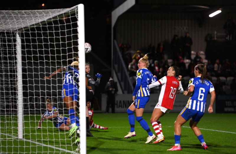 BOREHAMWaOOD, ENGLAND - OCTOBER 31: Victorai Williams of Brighton and Hove Albion clears a shot off the line during the Vitality Women's FA Cup Semi-Final match between Arsenal FC and Brighton and Hove Albion at Meadow Park on October 31, 2021 in Borehamwood, England. (Photo by Mike Hewitt/Getty Images)