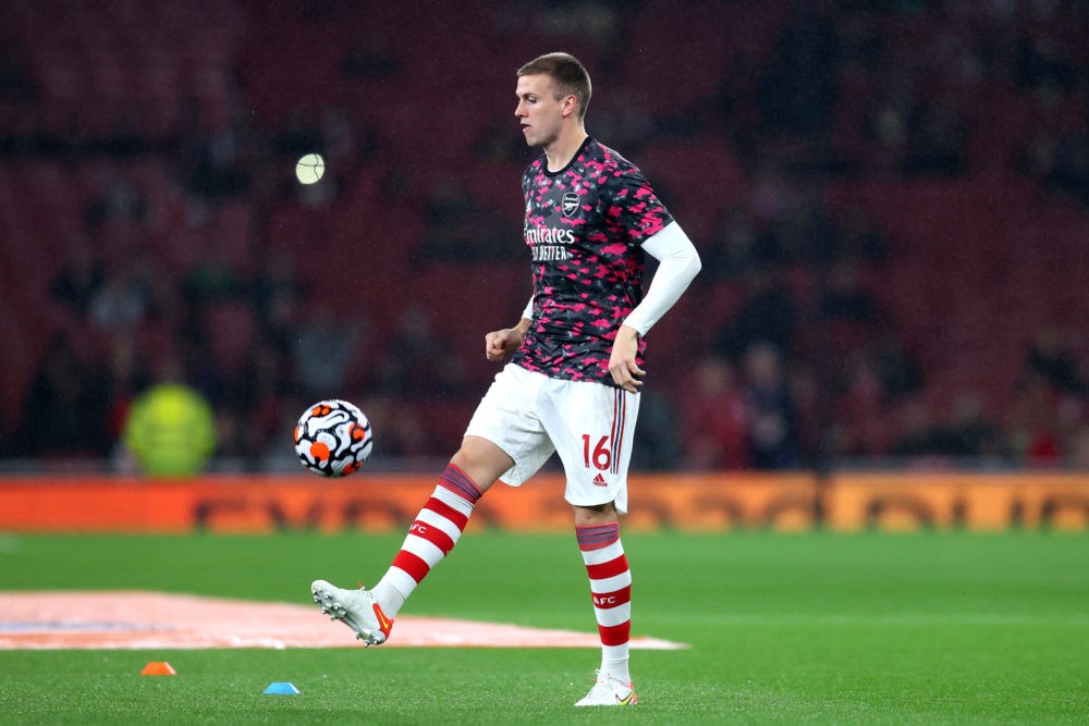 LONDON, ENGLAND: Rob Holding of Arsenal warms up ahead of the Premier League match between Arsenal and Crystal Palace at Emirates Stadium on Octobe...