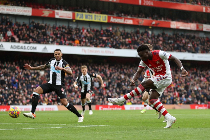 Martinelli magic: Arsenal player ratings vs Newcastle United 3 LONDON, ENGLAND - NOVEMBER 27: Bukayo Saka of Arsenal scores their team's first goal during the Premier League match between Arsenal and Newcastle United at Emirates Stadium on November 27, 2021 in London, England. (Photo by Richard Heathcote/Getty Images)