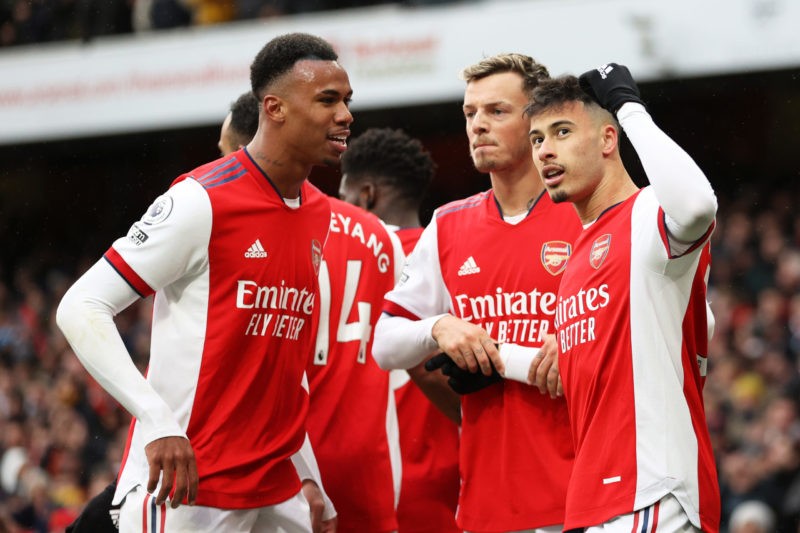 LONDON, ENGLAND - NOVEMBER 27: Gabriel Martinelli celebrates with teammates Ben White and Gabriel Magalhaes of Arsenal after scoring their team's s...