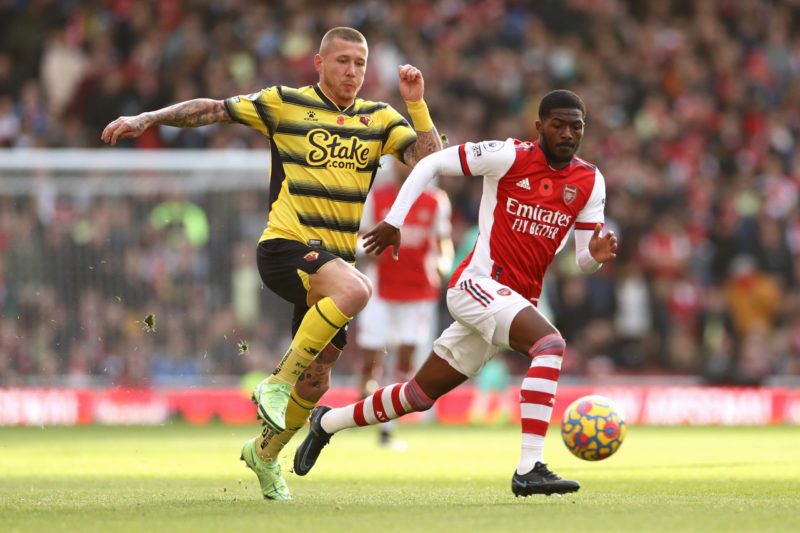 LONDON, ENGLAND - NOVEMBER 07: Ainsley Maitland-Niles of Arsenal battles for possession with Juraj Kucka of Watford FC during the Premier League ma...
