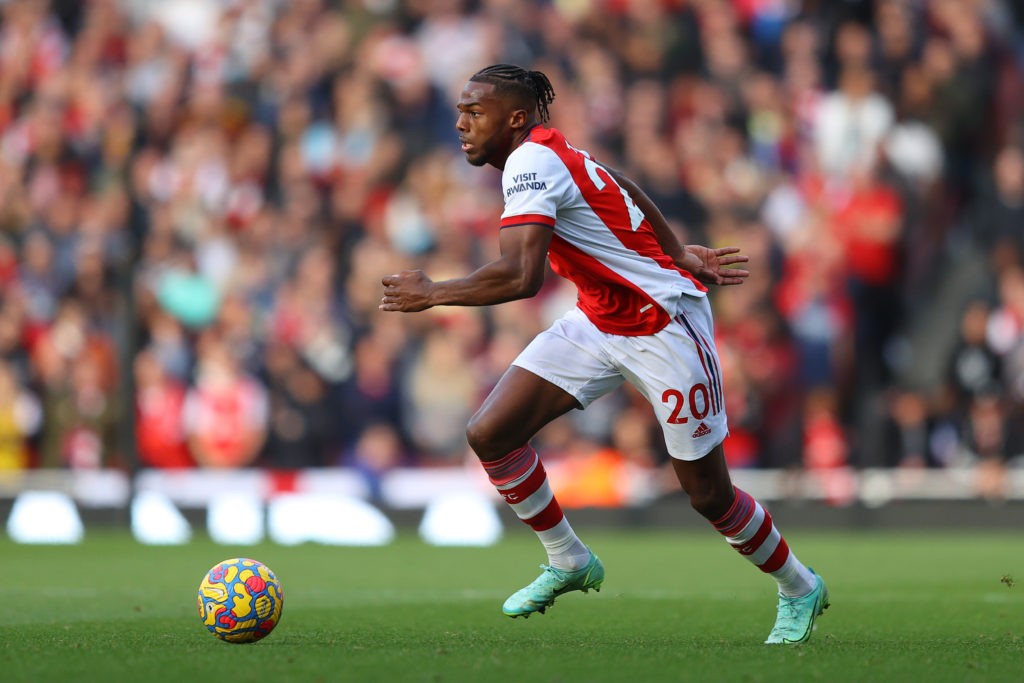 LONDON, ENGLAND - NOVEMBER 07: Nuno Tavares of Arsenal in action during the Premier League match between Arsenal and Watford at Emirates Stadium on November 07, 2021 in London, England. (Photo by Richard Heathcote/Getty Images)