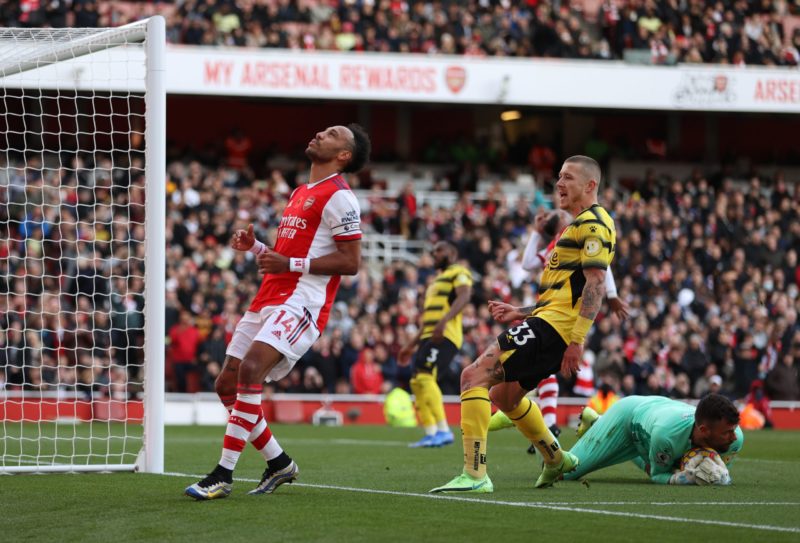 LONDON, ENGLAND - NOVEMBER 07: Pierre-Emerick Aubameyang of Arsenal reacts after having his penalty kick saved by Ben Foster of Watford FC during t...