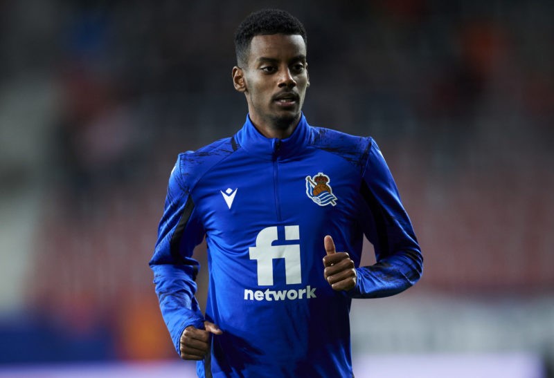 PAMPLONA, SPAIN - NOVEMBER 07: Alexander Isak of Real Sociedad warms up during the La Liga Santander match between CA Osasuna and Real Sociedad at ...