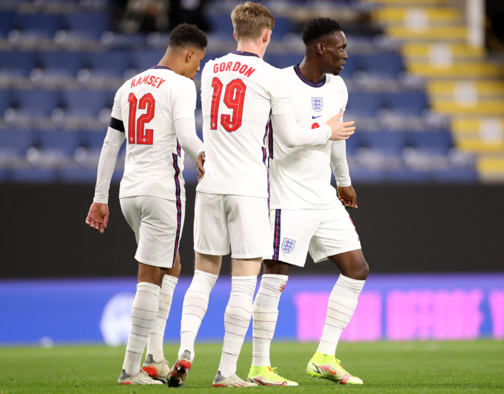 BURNLEY, ENGLAND: Folarin Balogun of England celebrates scoring the third goal during the UEFA European Under-21 Championship Qualifier match betwe...