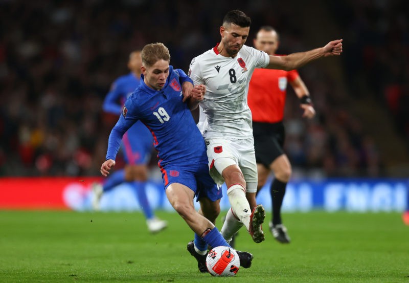 LONDON, ENGLAND - NOVEMBER 12: Emile Smith Rowe of England battles for possession with Klaus Gjasula of Albania during the 2022 FIFA World Cup Qual...