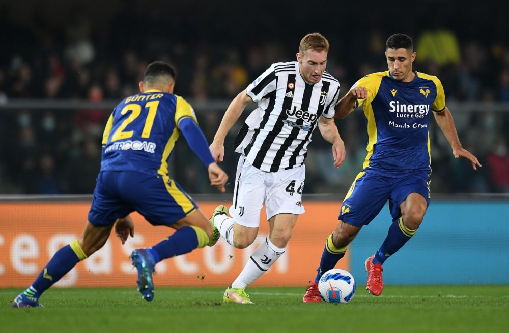 VERONA, ITALY: Dejan Kulusevski of Juventus competes for the ball with Davide Faraoni of Hellas Verona during the Serie A match between Hellas and ...