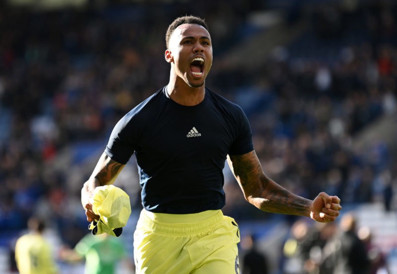 LEICESTER, ENGLAND - OCTOBER 30: Gabriel Magalhaes of Arsenal acknowledges the fans after his sides victory in the Premier League match between Lei...