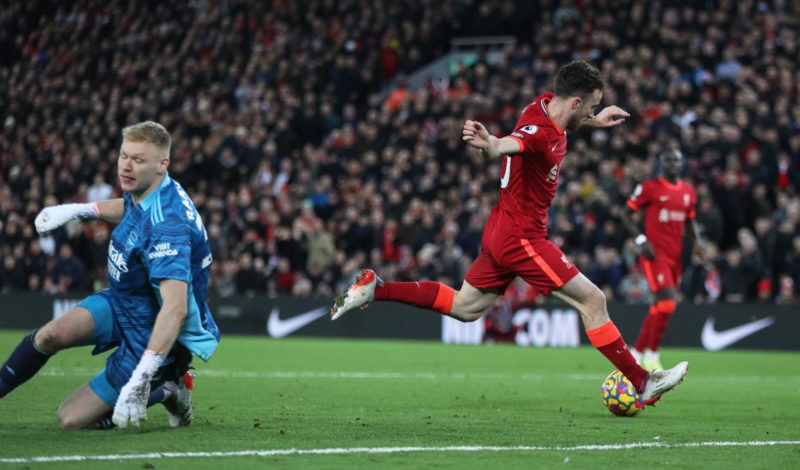 Split-seconds separate great from good: Arsenal vs Liverpool 2 LIVERPOOL, ENGLAND - NOVEMBER 20: Diogo Jota of Liverpool goes around Aaron Ramsdale of Arsenal scores their team's second goal during the Premier League match between Liverpool and Arsenal at Anfield on November 20, 2021 in Liverpool, England. (Photo by Clive Brunskill/Getty Images)