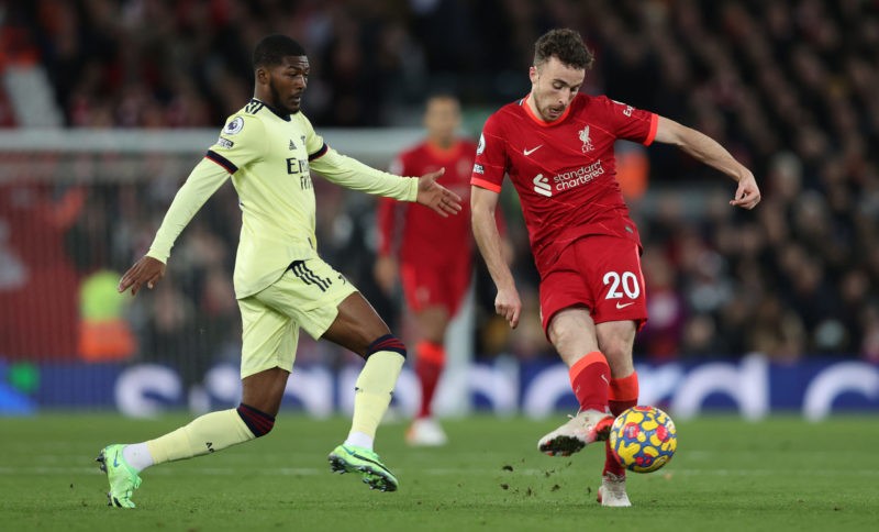 Split-seconds separate great from good: Arsenal vs Liverpool 4 LIVERPOOL, ENGLAND - NOVEMBER 20: Diogo Jota of Liverpool passes the ball during the Premier League match between Liverpool and Arsenal at Anfield on November 20, 2021 in Liverpool, England. (Photo by Clive Brunskill/Getty Images)
