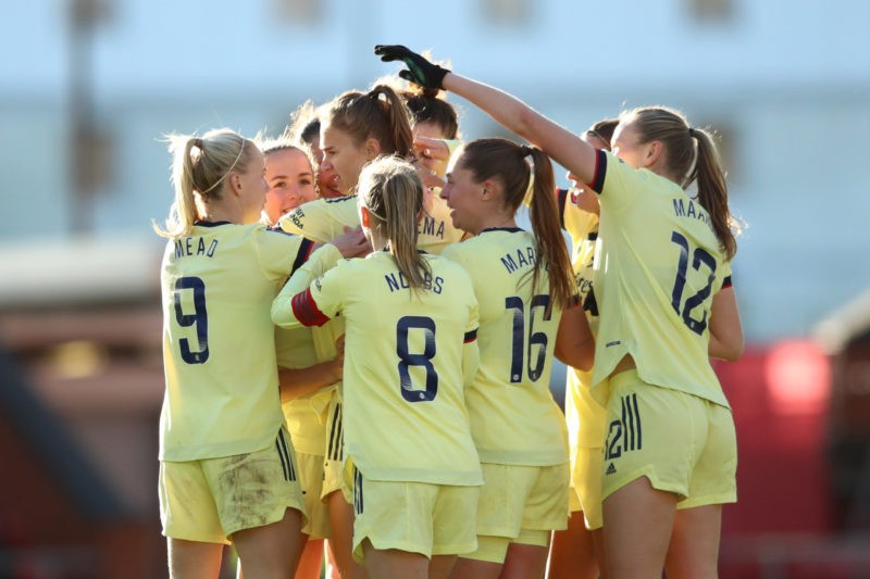 LEIGH, ENGLAND - NOVEMBER 21: Vivianne Miedema of Arsenal celebrates with teammates after scoring their team's first goal during the Barclays FA Wo...