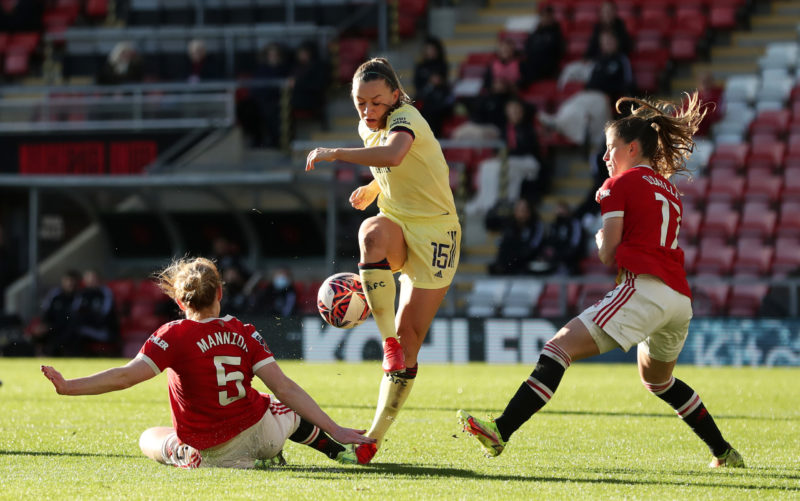 I’m quite smug about it actually: Katie McCabe signs with Miss Kick 3 LEIGH, ENGLAND - NOVEMBER 21: Aoife Mannion of Manchester United brings down Katie McCabe of Arsenal to concede a penalty during the Barclays FA Women's Super League match between Manchester United Women and Arsenal Women at Leigh Sports Village on November 21, 2021 in Leigh, England. (Photo by Jan Kruger/Getty Images)