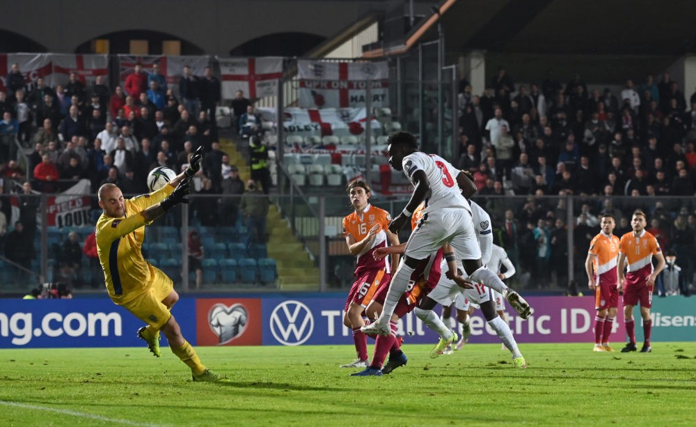 SERRAVALLE, SAN MARINO: Bukayo Saka of England scores their team's tenth goal during the 2022 FIFA World Cup Qualifier match between San Marino and...