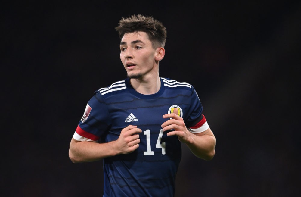 GLASGOW, SCOTLAND: Scotland player Billy Gilmour in action during the 2022 FIFA World Cup Qualifier match between Scotland and Denmark at Hampden P...