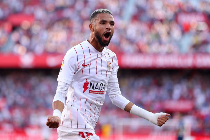 SEVILLE, SPAIN - SEPTEMBER 25: Yousseff En-Nesyri of Sevilla celebrates after scoring their team's first goal during the La Liga Santander match be...