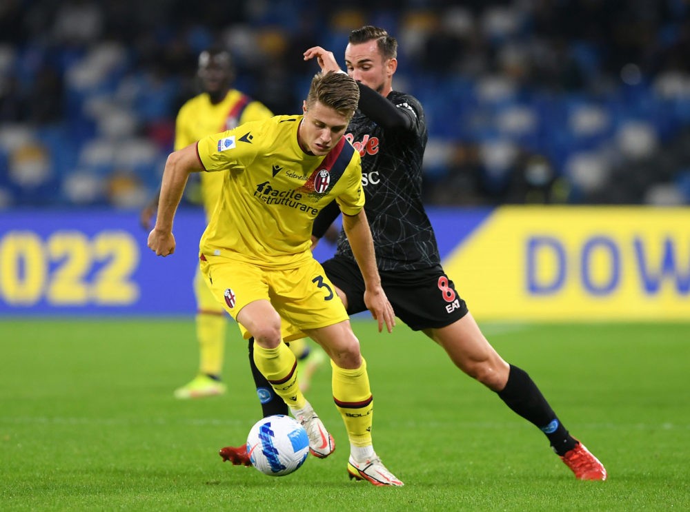 NAPLES, ITALY: Mattias Svanberg of Bologna battles for possession with Fabian of SSC Napoli during the Serie A match between SSC Napoli and Bologna...