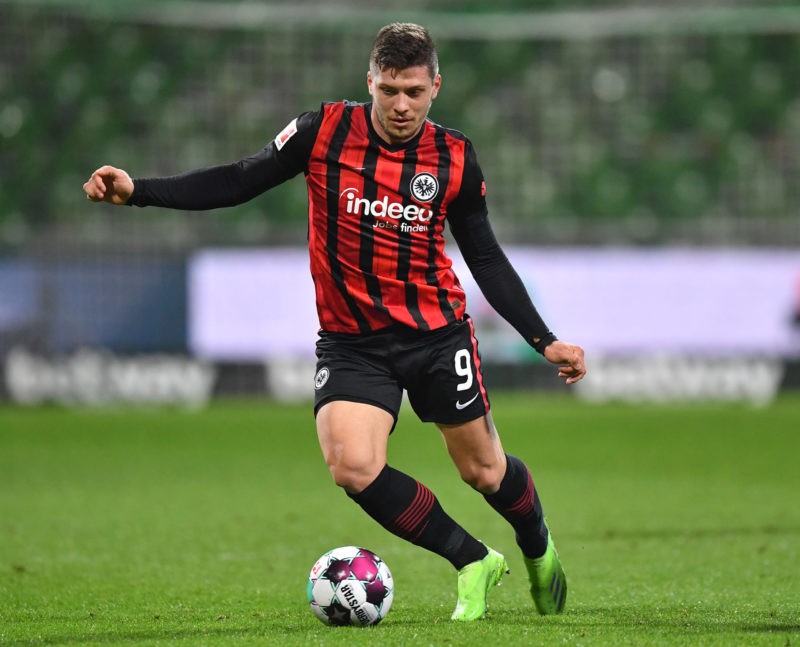 BREMEN, GERMANY - FEBRUARY 26: Luka Jovic of Frankfurt in action during the Bundesliga match between SV Werder Bremen and Eintracht Frankfurt at Wohninvest Weserstadion on February 26, 2021 in Bremen, Germany. Sporting stadiums around Germany remain under strict restrictions due to the Coronavirus Pandemic as Government social distancing laws prohibit fans inside venues resulting in games being played behind closed doors. (Photo by Stuart Franklin/Getty Images)