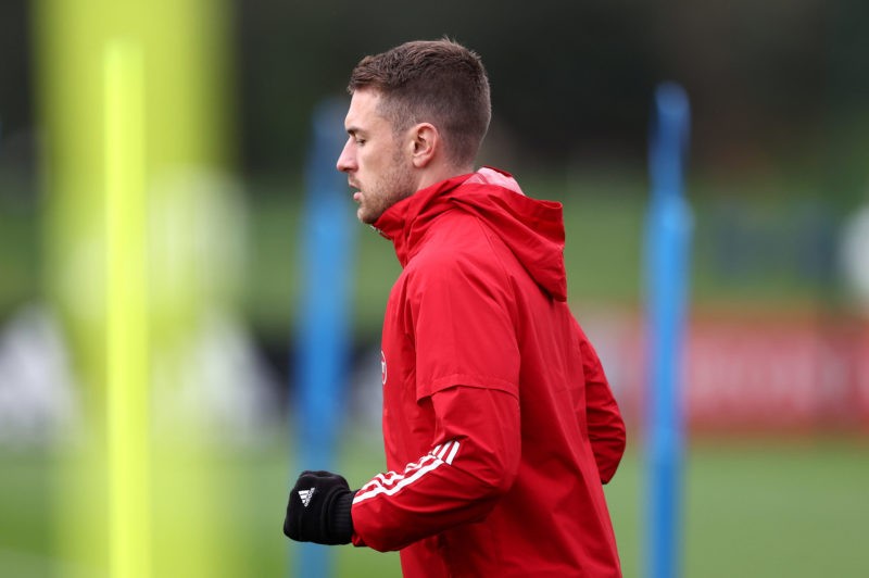 VALE OF GLAMORGAN, WALES - NOVEMBER 09: Aaron Ramsey of Wales trains during a Wales Training Session at The Vale Resort on November 09, 2021 in Val...