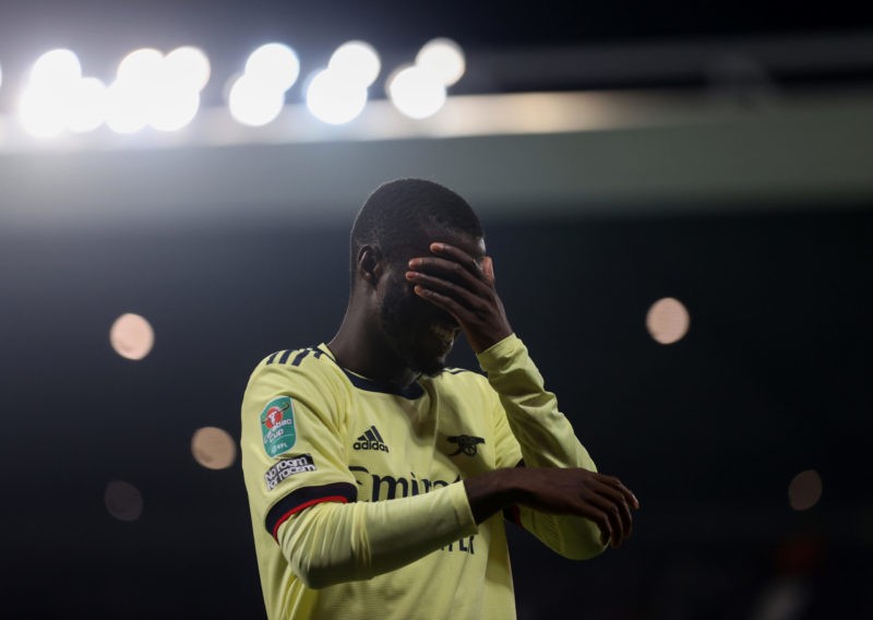 WEST BROMWICH, ENGLAND - AUGUST 25: Nicolas Pepe of Arsenal reacts during the Carabao Cup Second Round between West Bromwich Albion and Arsenal at ...