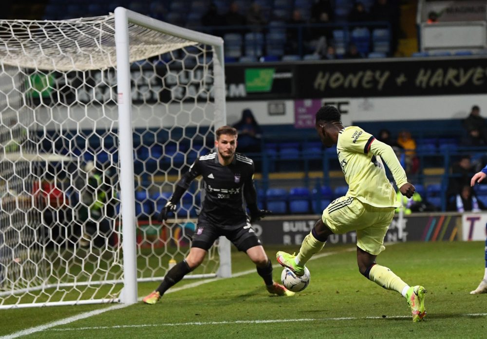 Folarin Balogun scoring for the Arsenal u21s (Photo via Arsenal Academy on Twitter)