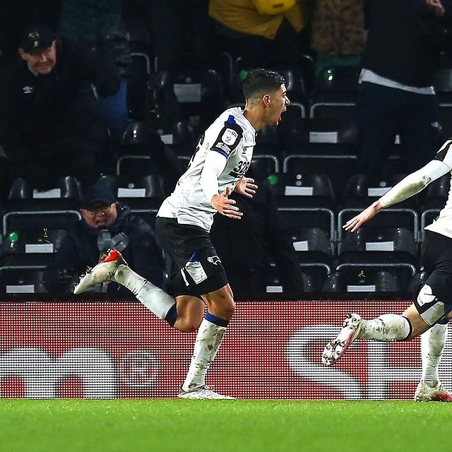 What next for the 3 former Gunners with relegated Derby? 2 Luke Plange after scoring for Derby County (Photo via Plange on Instagram)