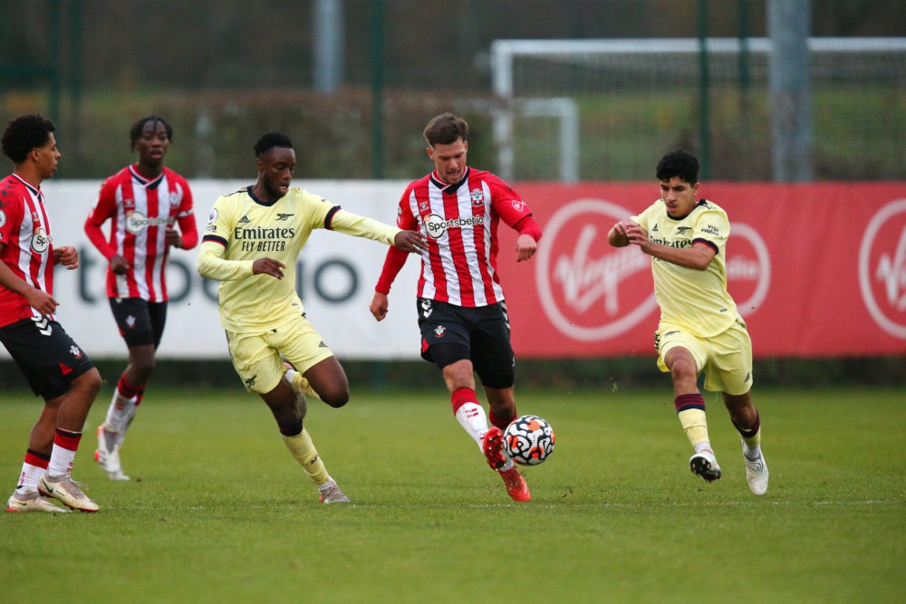 James Olayinka and Salah-Eddine Oulad M'hand challenge a Southampton player for the ball (Photo via SouthamptonFC.com)