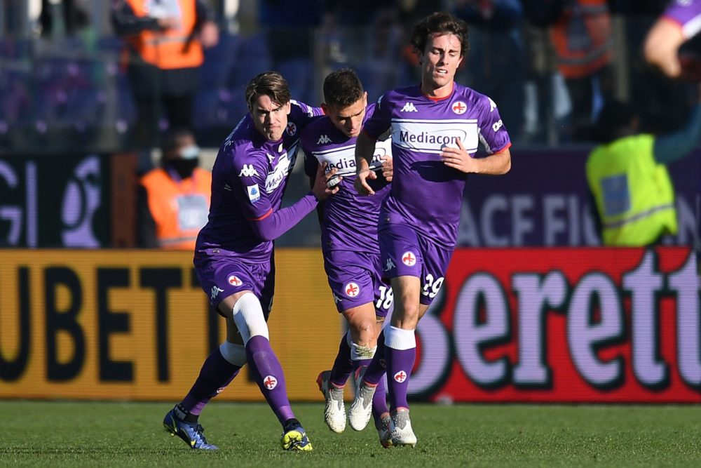 FLORENCE, ITALY: Lucas Torreira of ACF Fiorentina celebrates after scoring his team second goal during the Serie A match between ACF Fiorentina and...