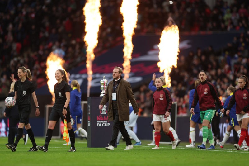 LONDON, ENGLAND - DECEMBER 05: Players and officials make their way onto the pitch prior to the Vitality Women's FA Cup Final between Arsenal FC and Chelsea FC at Wembley Stadium on December 05, 2021 in London, England. (Photo by Richard Heathcote/Getty Images)