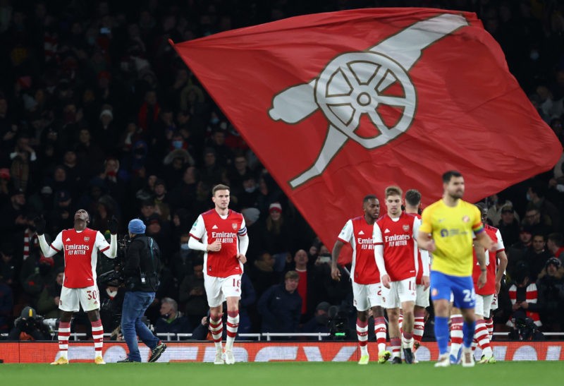LONDON, ENGLAND - DECEMBER 21: Eddie Nketiah of Arsenal celebrates scoring his hat trick during the Carabao Cup Quarter Final match between Arsenal...