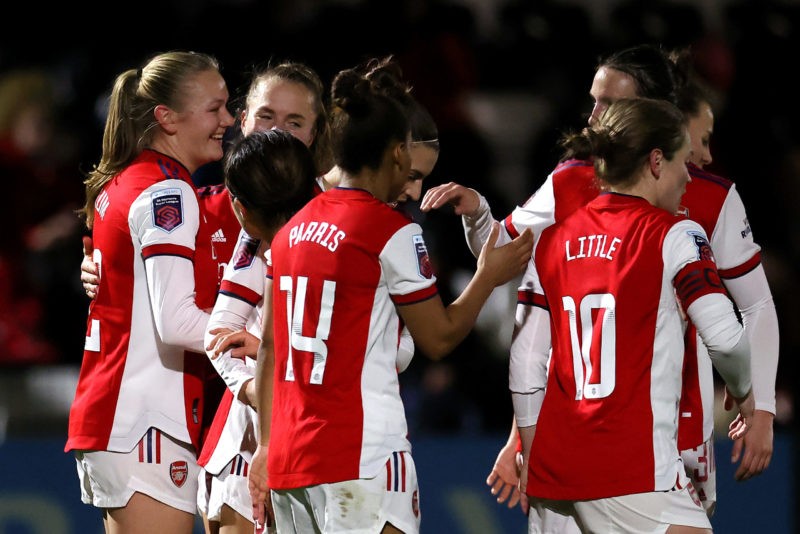 BOREHAMWOOD, ENGLAND - DECEMBER 12: Frida Maanum of Arsenal celebrates after scoring their side's third goal with team mates during the Barclays FA...