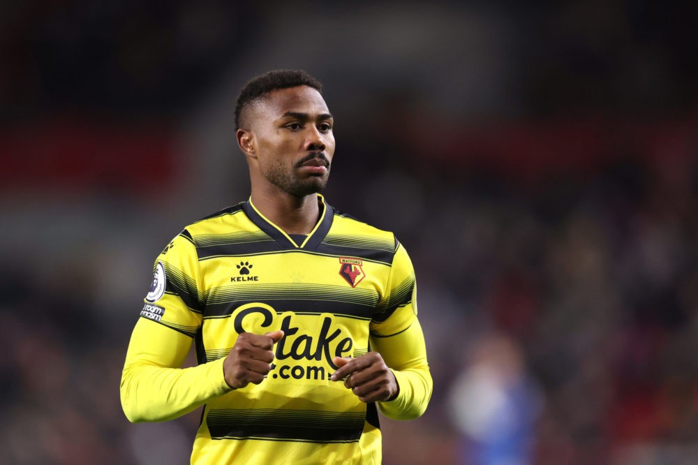 BRENTFORD, ENGLAND: Emmanuel Dennis of Watford during the Premier League match between Brentford and Watford at Brentford Community Stadium on Dece...