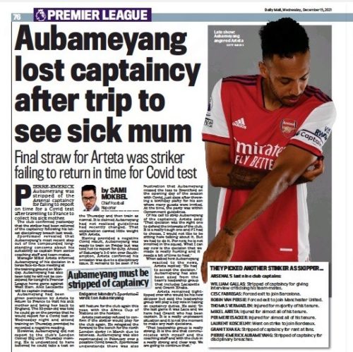 Arsenal warned 'every coach had to suspend him' before buying Aubameyang 3 Daily Mail, 15 December 2021