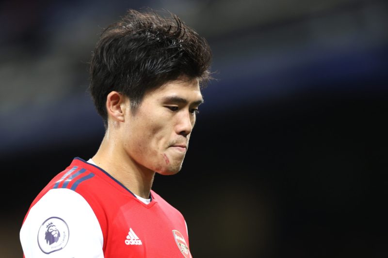 LIVERPOOL, ENGLAND - DECEMBER 06: Takehiro Tomiyasu of Arsenal looks on following the Premier League match between Everton and Arsenal at Goodison ...