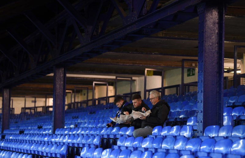 Everton fans plan mass walkout at Arsenal game 3 LIVERPOOL, ENGLAND - DECEMBER 01: Fans eat fish and chips inside the stadium prior to the Premier League match between Everton and Liverpool at Goodison Park on December 01, 2021 in Liverpool, England. (Photo by Laurence Griffiths/Getty Images)