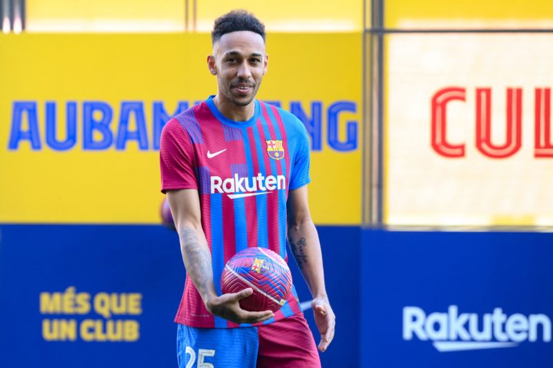 Barcelona's new player Gabonese forward Pierre-Emerick Aubameyang poses for pictures during his official presentation, at the Camp Nou stadium in B...