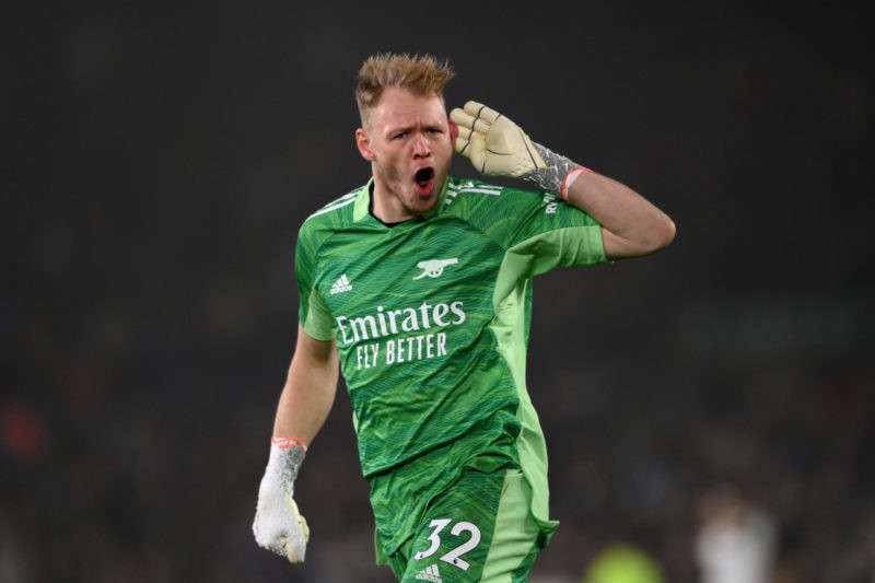 LEEDS, ENGLAND - DECEMBER 18: Aaron Ramsdale of Arsenal celebrates their team's third goal scored by Bukayo Saka (not in picture) during the Premie...