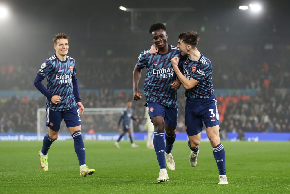 LEEDS, ENGLAND: Bukayo Saka of Arsenal celebrates with Kieran Tierney after scoring their team's third goal during the Premier League match between...