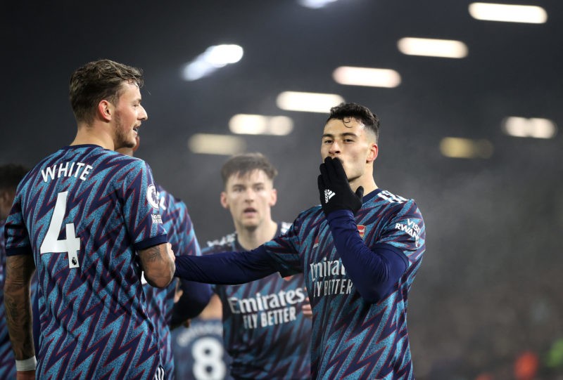 LEEDS, ENGLAND - DECEMBER 18: Gabriel Martinelli of Arsenal celebrates with Ben White after scoring their team's second goal during the Premier Lea...