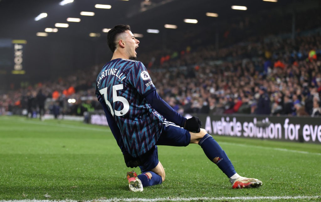 Mikel Arteta praises Leeds United fans ahead of Arsenal clash 3 LEEDS, ENGLAND - DECEMBER 18: Gabriel Martinelli of Arsenal celebrates after scoring their team's first goal during the Premier League match between Leeds United and Arsenal at Elland Road on December 18, 2021 in Leeds, England. (Photo by Naomi Baker/Getty Images)