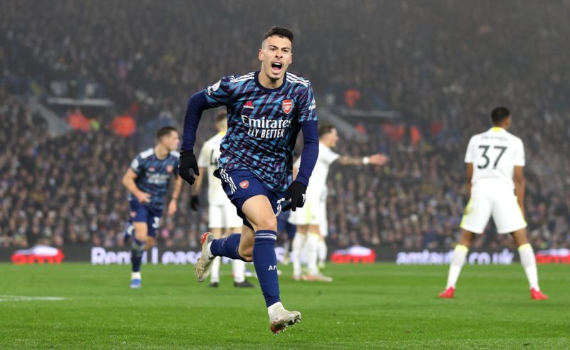 LEEDS, ENGLAND - DECEMBER 18: Gabriel Martinelli of Arsenal celebrates after scoring their team's first goal during the Premier League match betwee...
