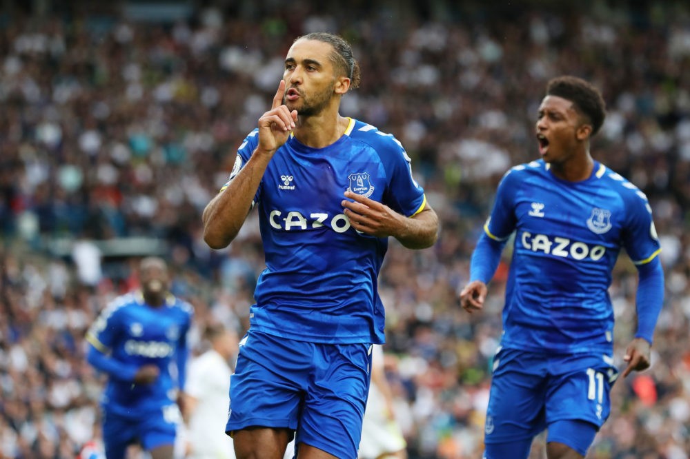 LEEDS, ENGLAND: Dominic Calvert-Lewin of Everton celebrates after scoring their side's first goal from the penalty spot during the Premier League m...