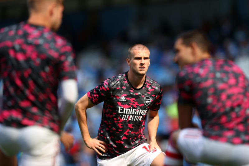 MANCHESTER, ENGLAND - AUGUST 28: Rob Holding of Arsenal looks on during the warm up prior to the Premier League match between Manchester City and A...