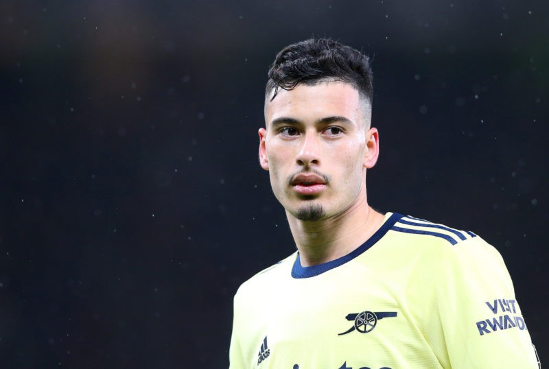 MANCHESTER, ENGLAND - DECEMBER 02: Gabriel Martinelli of Arsenal looks on during the Premier League match between Manchester United and Arsenal at ...