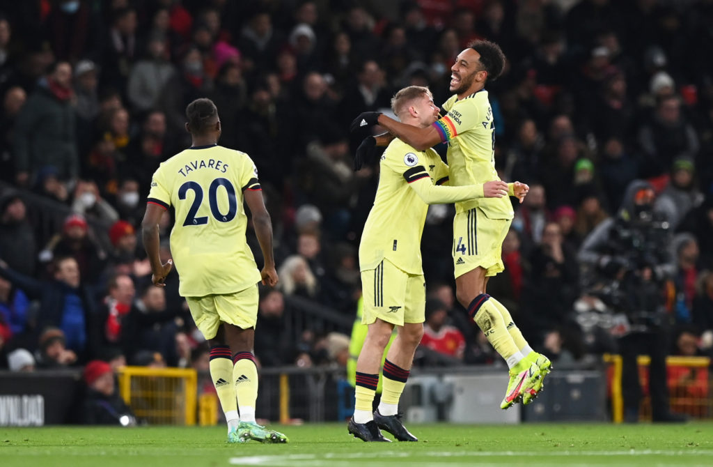 MANCHESTER, ENGLAND - DECEMBER 02: Emile Smith Rowe of Arsenal celebrates after scoring their side's first goal with Pierre-Emerick Aubameyang during the Premier League match between Manchester United and Arsenal at Old Trafford on December 02, 2021 in Manchester, England. (Photo by Shaun Botterill/Getty Images)