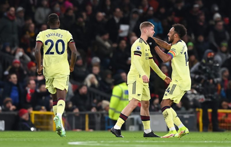 VAR and stupidity cost Arsenal again vs Manchester United 2 MANCHESTER, ENGLAND - DECEMBER 02: Emile Smith Rowe of Arsenal celebrates after scoring their side's first goal with Pierre-Emerick Aubameyang during the Premier League match between Manchester United and Arsenal at Old Trafford on December 02, 2021 in Manchester, England. (Photo by Shaun Botterill/Getty Images)