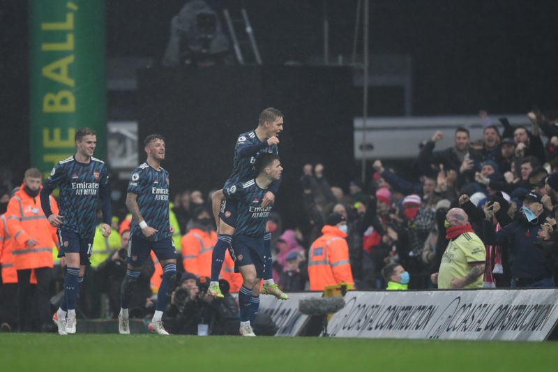 Spanish press question Real Madrid's decision to sell Martin Odegaard 2 NORWICH, ENGLAND - DECEMBER 26: Kieran Tierney of Arsenal celebrates with teammate Martin Odegaard after scoring his team's second goal during the Premier League match between Norwich City and Arsenal at Carrow Road on December 26, 2021 in Norwich, England. (Photo by Harriet Lander/Getty Images)