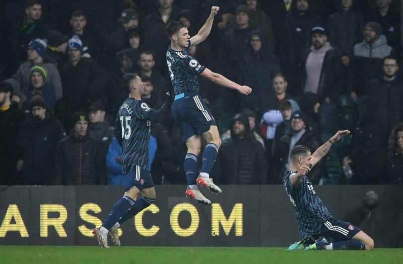 Saka shines as Arsenal smash Norwich: Player ratings with goals 2 NORWICH, ENGLAND - DECEMBER 26: Kieran Tierney of Arsenal celebrates after scoring their team's second goal during the Premier League match between Norwich City and Arsenal at Carrow Road on December 26, 2021 in Norwich, England. (Photo by Harriet Lander/Getty Images)