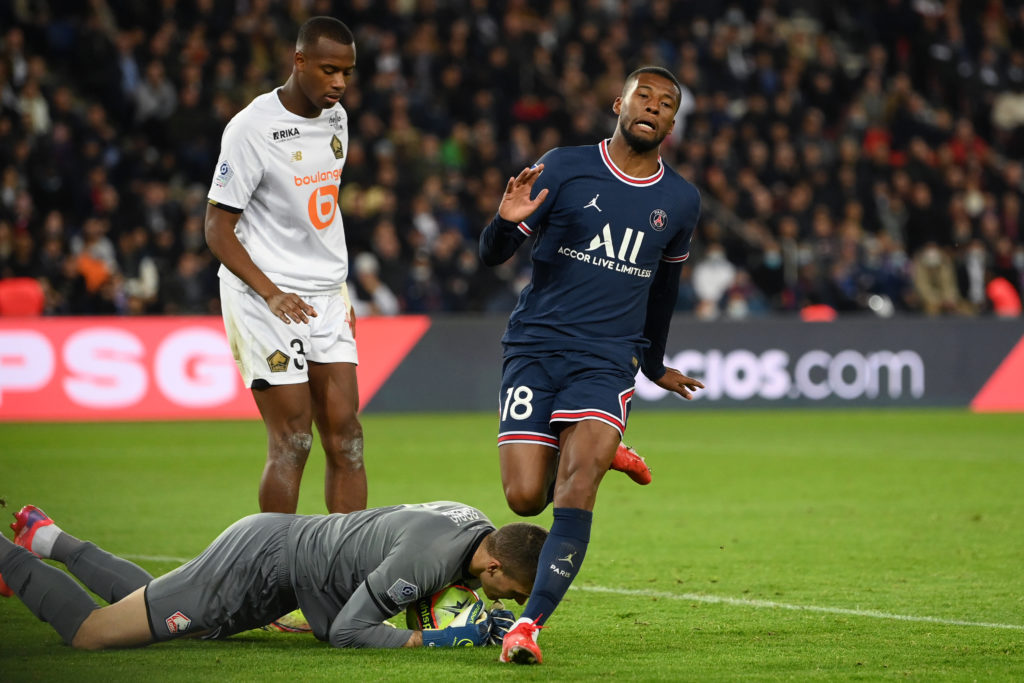 PARIS, FRANCE: Georginio Wijnaldum of Paris Saint-Germain reacts after a missed chance during the Ligue 1 Uber Eats match between Paris Saint Germain and Lille OSC at Parc des Princes on October 29, 2021. (Photo by Justin Setterfield/Getty Images)