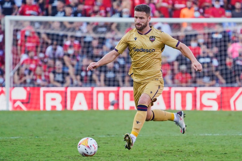MALLORCA, SPAIN - OCTOBER 02: Shkodran Mustafi of Levante UD runs with the ball during the La Liga Santander match between RCD Mallorca and Levante...